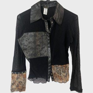 Isabel Leather & Mesh Button-Up Blouse Womens Medium Black Abstract Panel Top